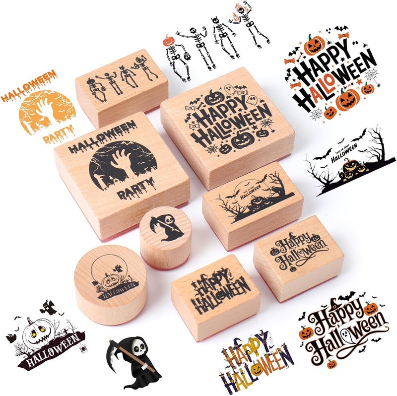 Supervitae 8 Pcs Halloween Wooden Rubber Stamp Set Happy Halloween Vintage Wooden Art Stamps for Crafting and DIY Scrapbooking Card Making Hand Book - Image 1